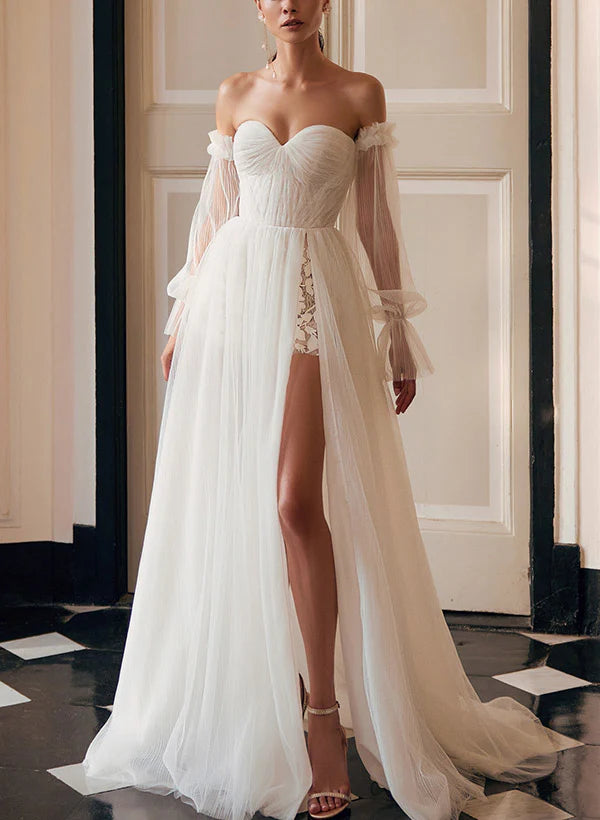 Luolandi Off-The-Shoulder A-Line Wedding Dress With Long Sleeves And Split Front Floor Length Sexy