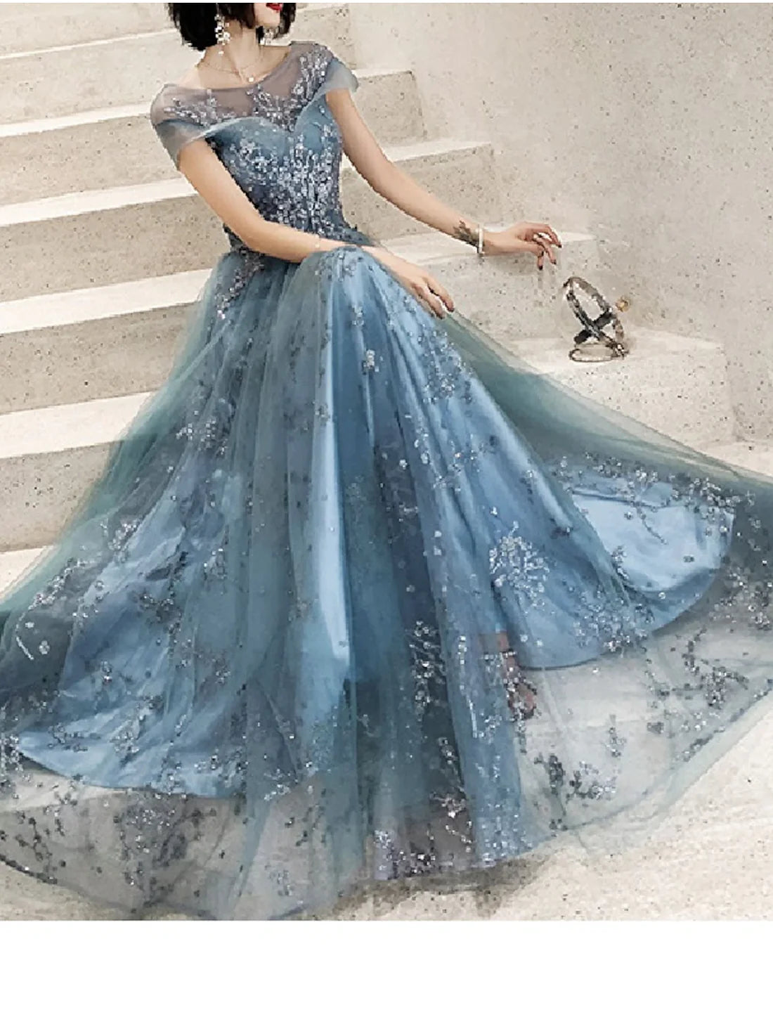 Luolandi A-Line Mother of the Bride Dress Wedding Guest Elegant Jewel Neck Floor Length Tulle Short Sleeve with Pleats Appliques Evening Dress