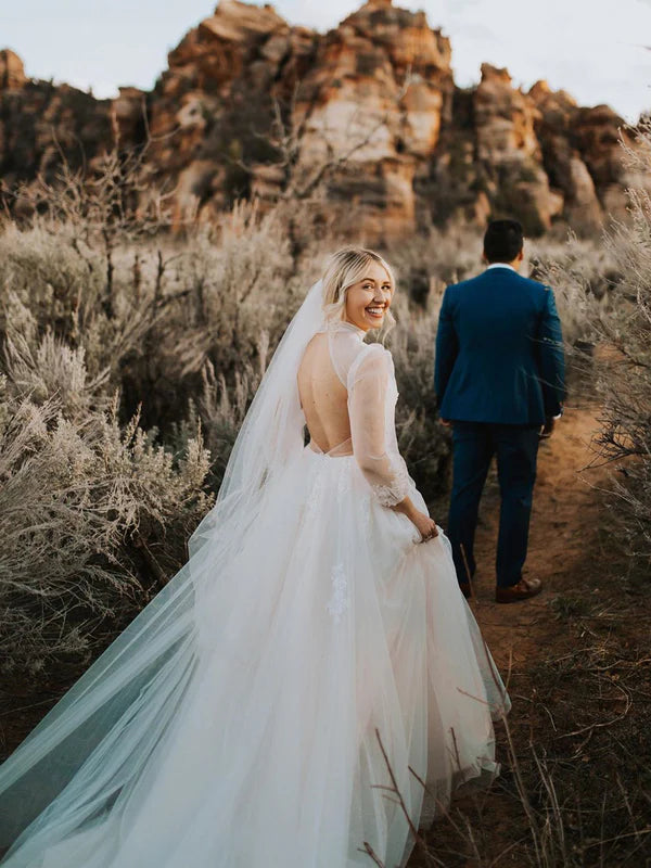 Luolandi Fabulous Illusion Long Sleeves Ball Gown Tulle Wedding Dresses Appliqued Bridal Gowns Elegant