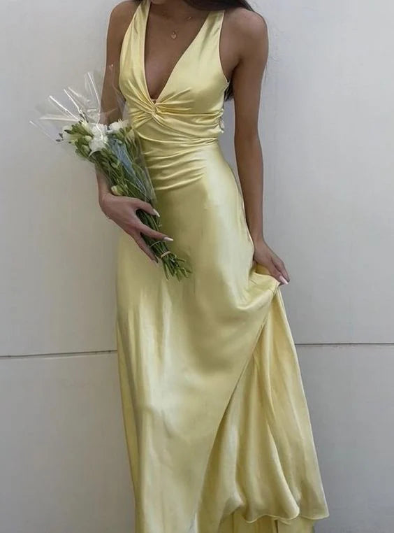 Luolandi Yellow V Neck Backless Elegant Party Dress Wedding Guest Dress Sexy Evening Dress