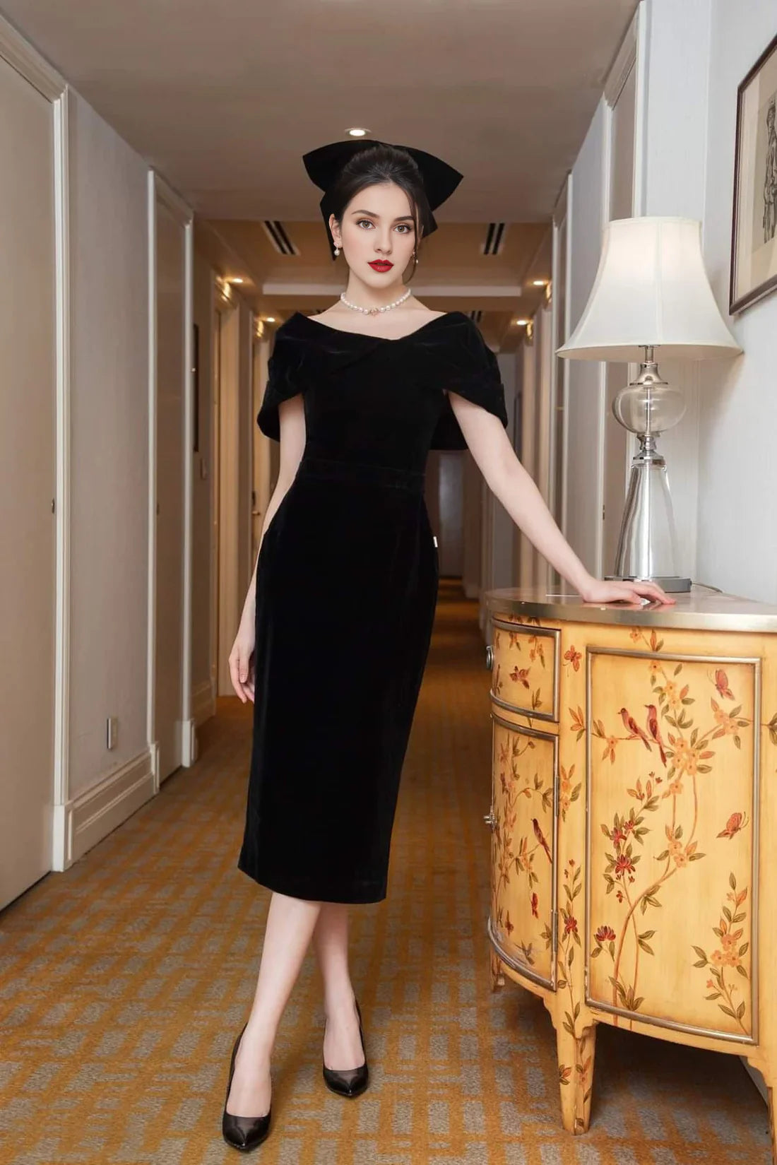 Luolandi Cover Shoulder Midi Velvet Dress Bodycon Midi Dress Wedding Guest Party Dresses Elegant Black