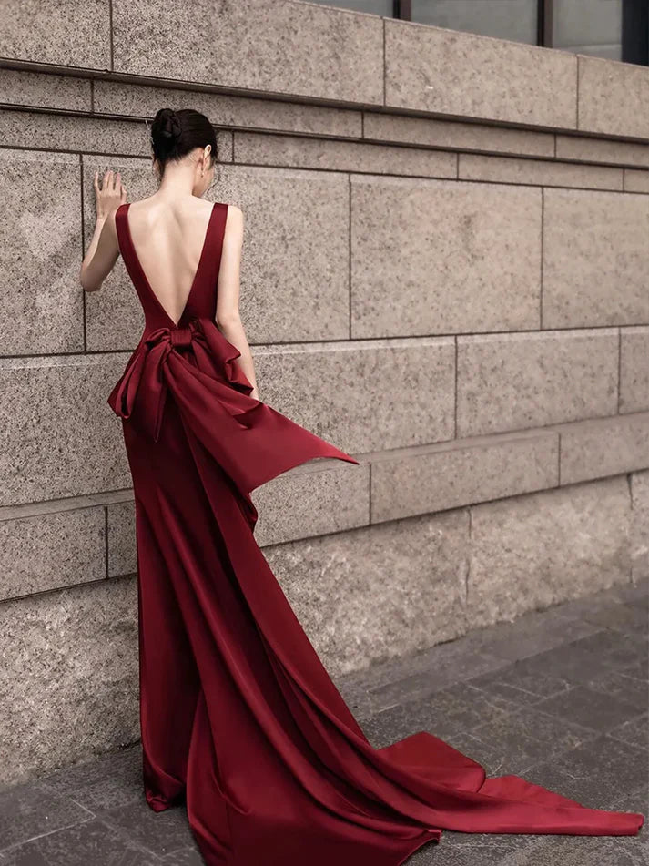 Luolandi Burgundy V-Neck Satin Backless Long Prom Dress Evening Party Dress Elegant