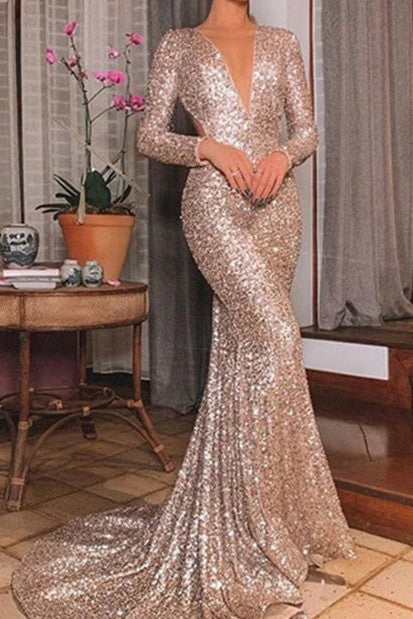 Luolandi Mermaid Sequin V-Neck Sweep Train Long Sleeve Prom Dresses Sparkly Evening Dress