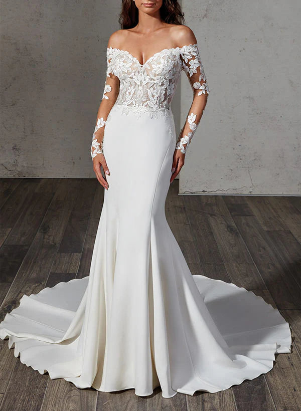 Luolandi Off-The-Shoulder Sweep Train Wedding Dress With Lace Trumpet/Mermaid Floor Length Elegant