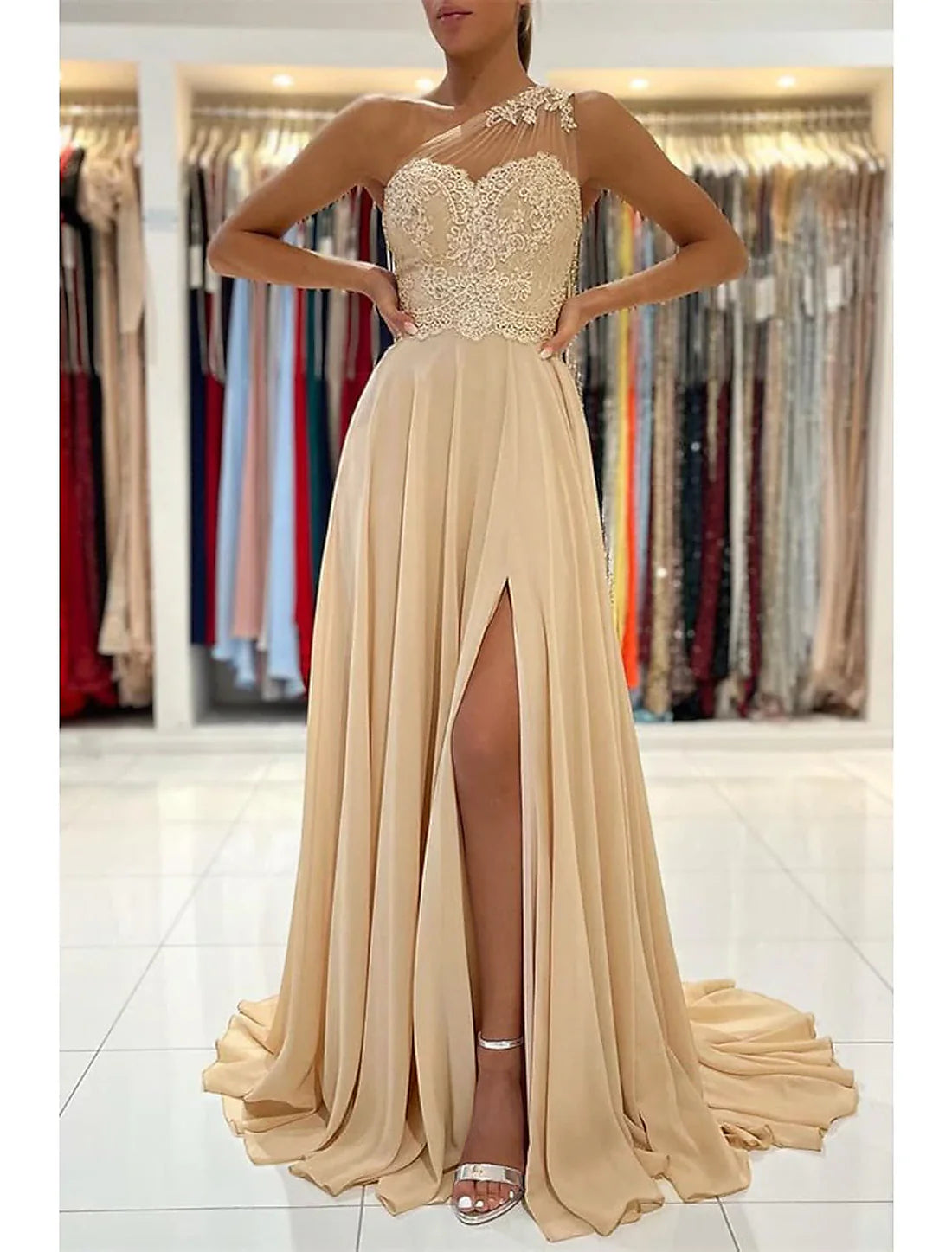 Luolandi A-Line Prom Dresses Sexy Dress Formal Wedding Guest Court Train Sleeveless One Shoulder Chiffon with Slit Appliques Evening Dress