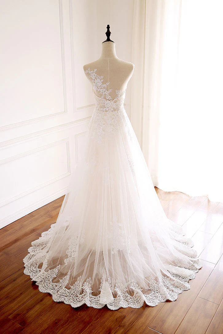 Luolandi round neck tulle lace long prom dress wedding dress A Line Sleeveless with Appliques