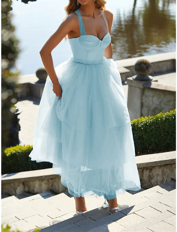 Luolandi Women's Party Dress Cocktail Dress Wedding Guest Dress Midi Dress Pink Light Blue Sleeveless Pure Color Mesh Spring Fall Winter Spaghetti Strap Fashion Wedding Guest Birthday