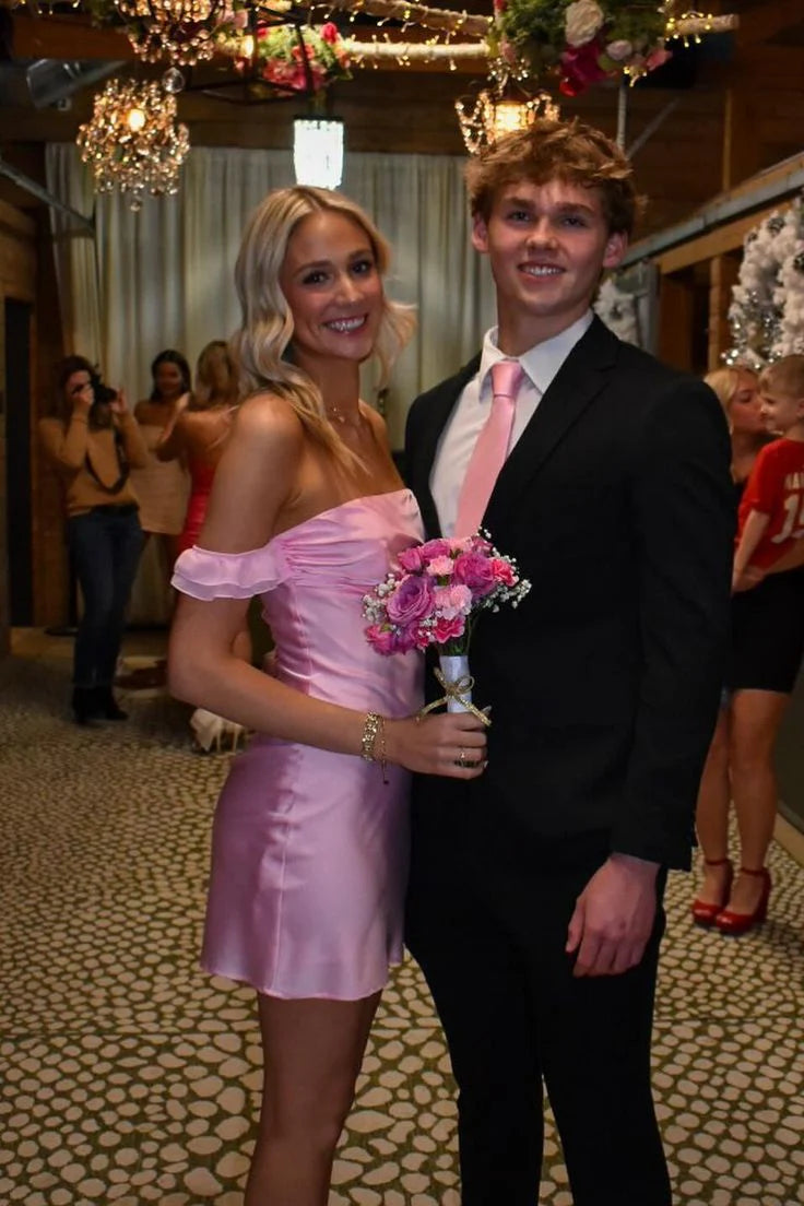 Luolandi Off Shoulder Sheath Satin Pink Homecoming Dress Birthday Outfits Party Dress Formal Dress