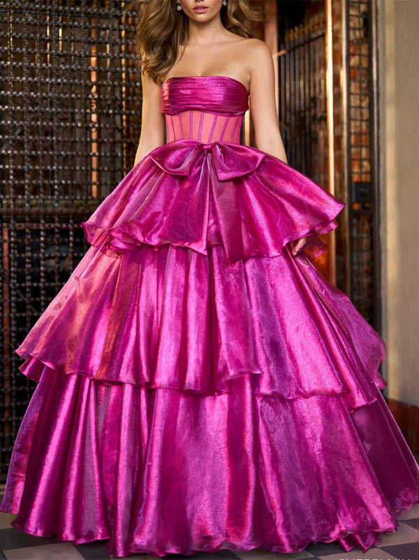 Luolandi A-Line Princess Fuchsia Ball Gown Strapless Floor-Length Evening Dresses with Ruffles Off Shoulder Prom Dress