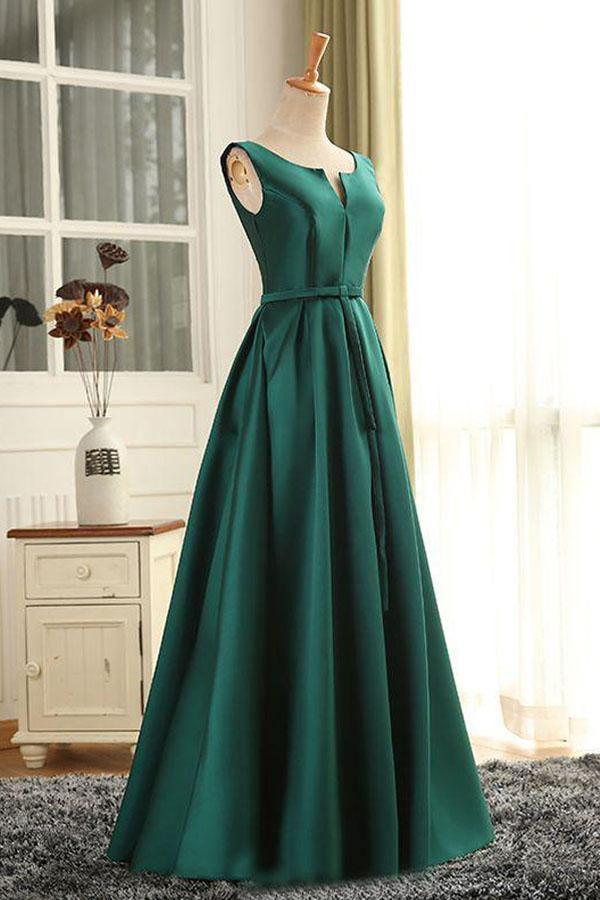 Luolandi Scoop Satin Long Prom Dress A Line Floor Length Dark Green Evening Dress