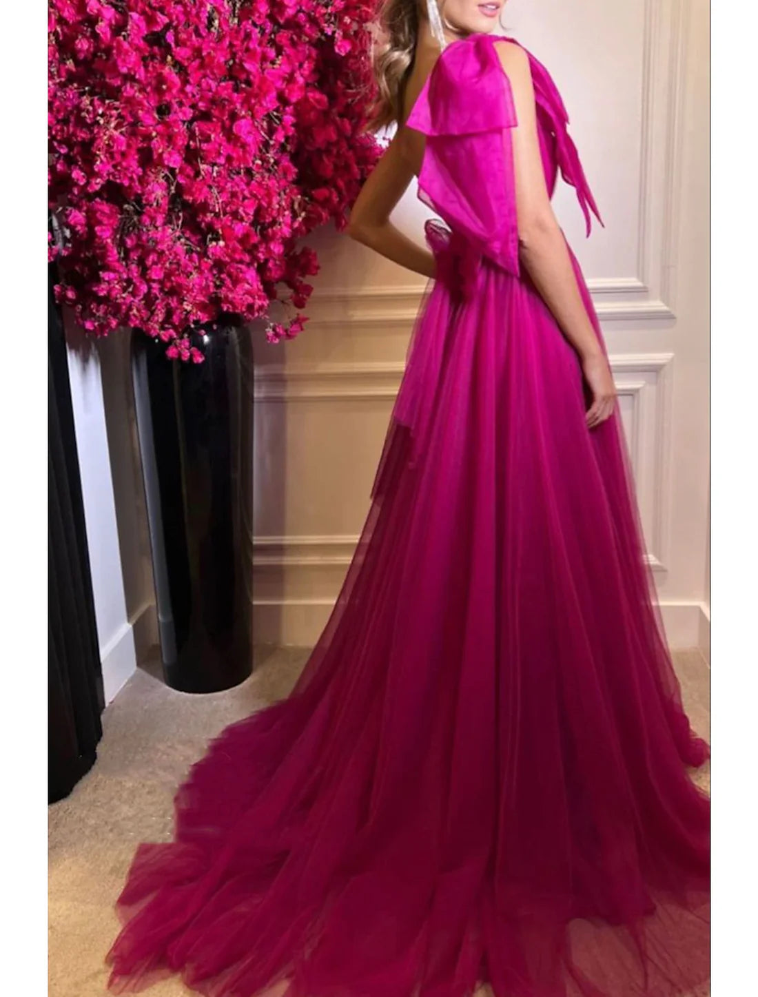 Luolandi A-Line Prom Dresses Sexy Dress Wedding Party Birthday Court Train Sleeveless One Shoulder Tulle with Bow(s) Slit Solid Color