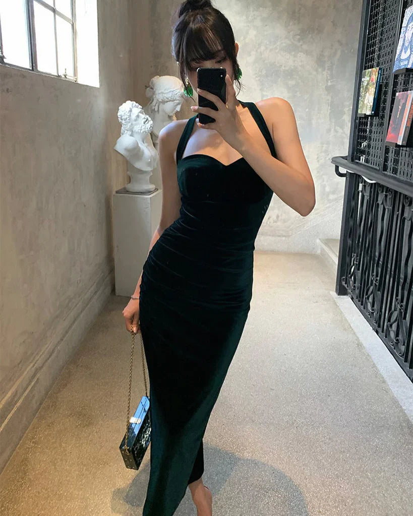 Luolandi Dark Green Halter Velvet Prom Dress Formal Party Dress Charming Evening Dress