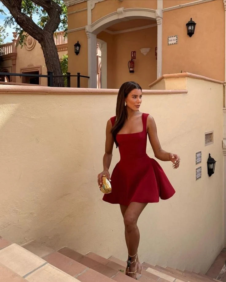 Luolandi Wine red square neck mini dress sexy high waisted party dress Homecoming Dress