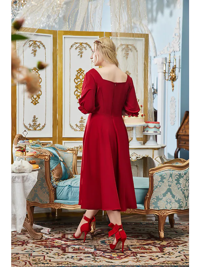 Luolandi A-Line Plus Size Elegant Engagement Prom Dress V Neck Half Sleeve Tea Length Fabric with Buttons