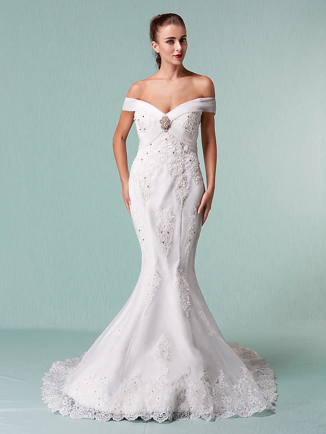 Luolandi Wedding Dresses Off Shoulder Chapel Train Organza Short Sleeve with Beading Appliques Crystal