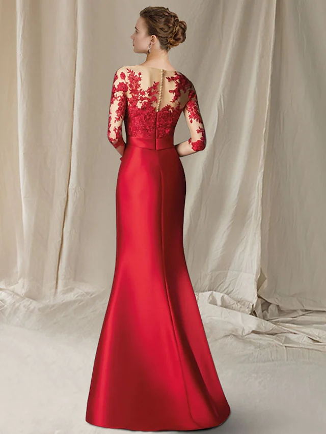 Luolandi Mother of the Bride Dress Elegant Jewel Neck Floor Length Lace Satin Half Sleeve