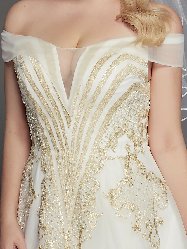 Luolandi Princess Wedding Dresses Off Shoulder Chapel Train Lace Tulle Cap Sleeve Glamorous Illusion Detail