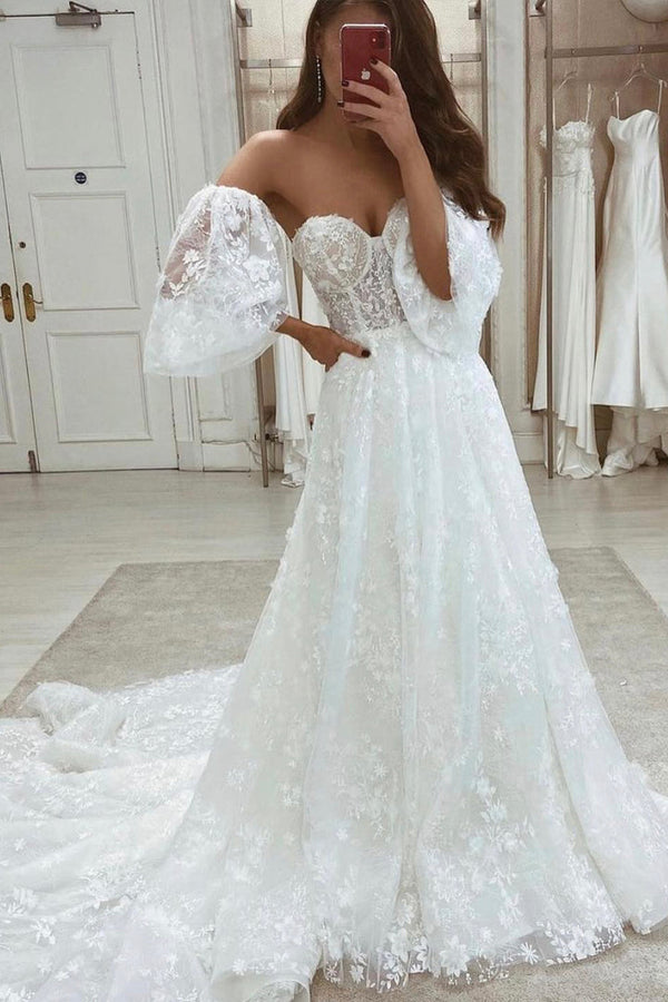 Luolandi Half Sleeve A Line Lace Appliques Wedding Dresses Sweetheart Wedding Gowns Off Shoulder Beautiful