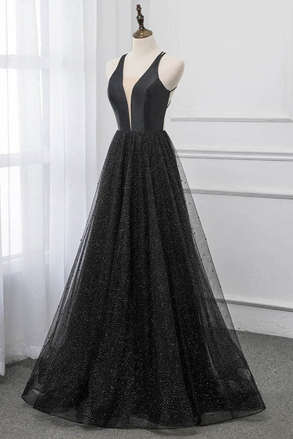 Luolandi Black V-neckline Tulle and Satin Long Straps Cross Back Prom Dress Floor Length Evening Dress Sexy