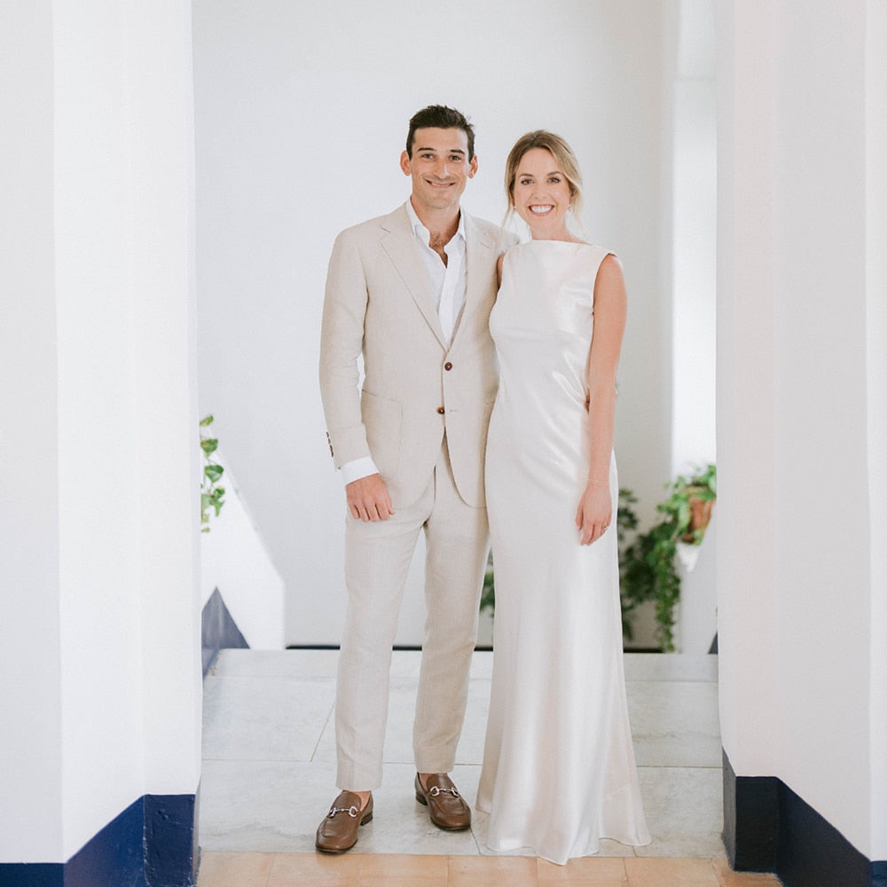 Luolandi Sheath High Cowl Neck Backless Silk Satin Wedding Dress Open Back