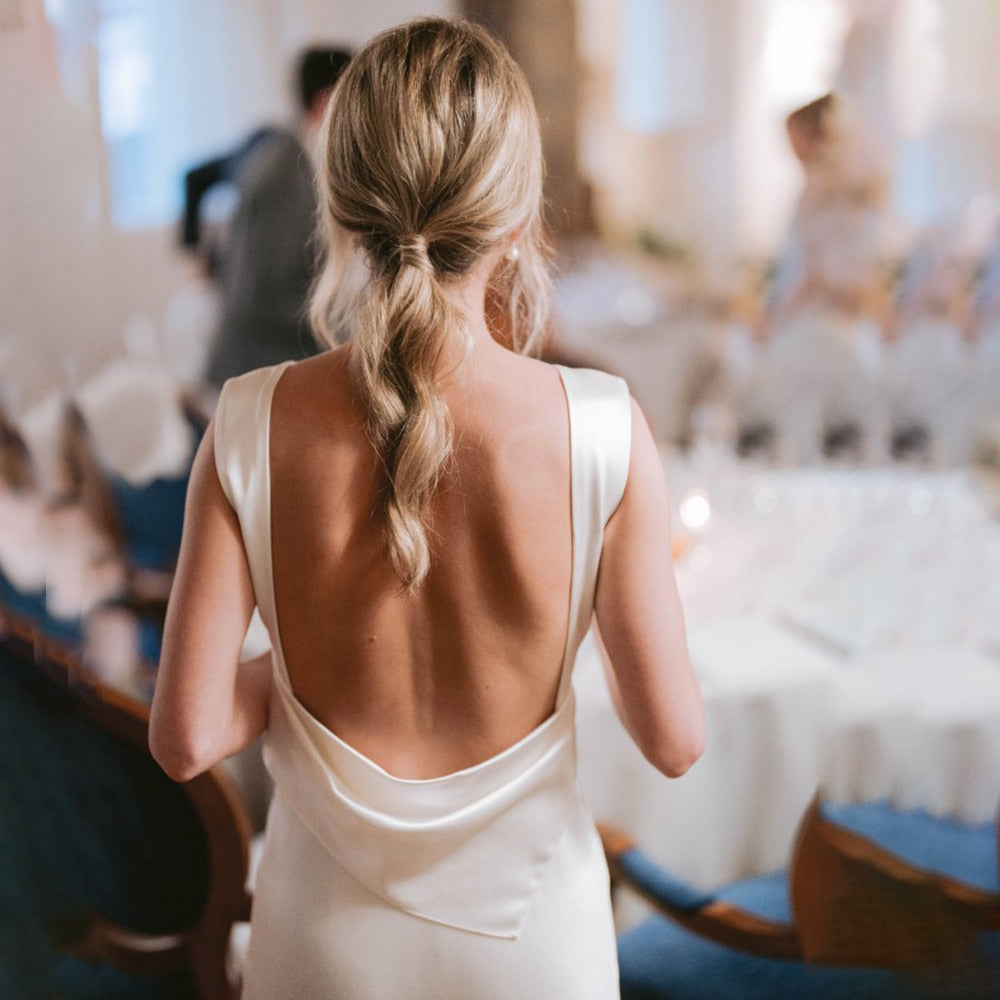 Luolandi Sheath High Cowl Neck Backless Silk Satin Wedding Dress Open Back