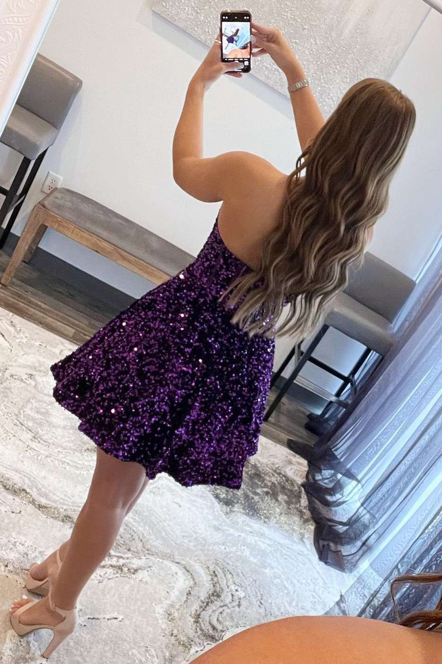 Luolandi Pretty Sequin Sweetheart Short Homecoming Dress Cute Strapless Dress For Teens Sparkly