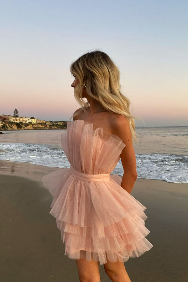 Luolandi Unique Pink Strapless Tiered Cake Homecoming Dress With Layers Short Prom Dresses Beautiful