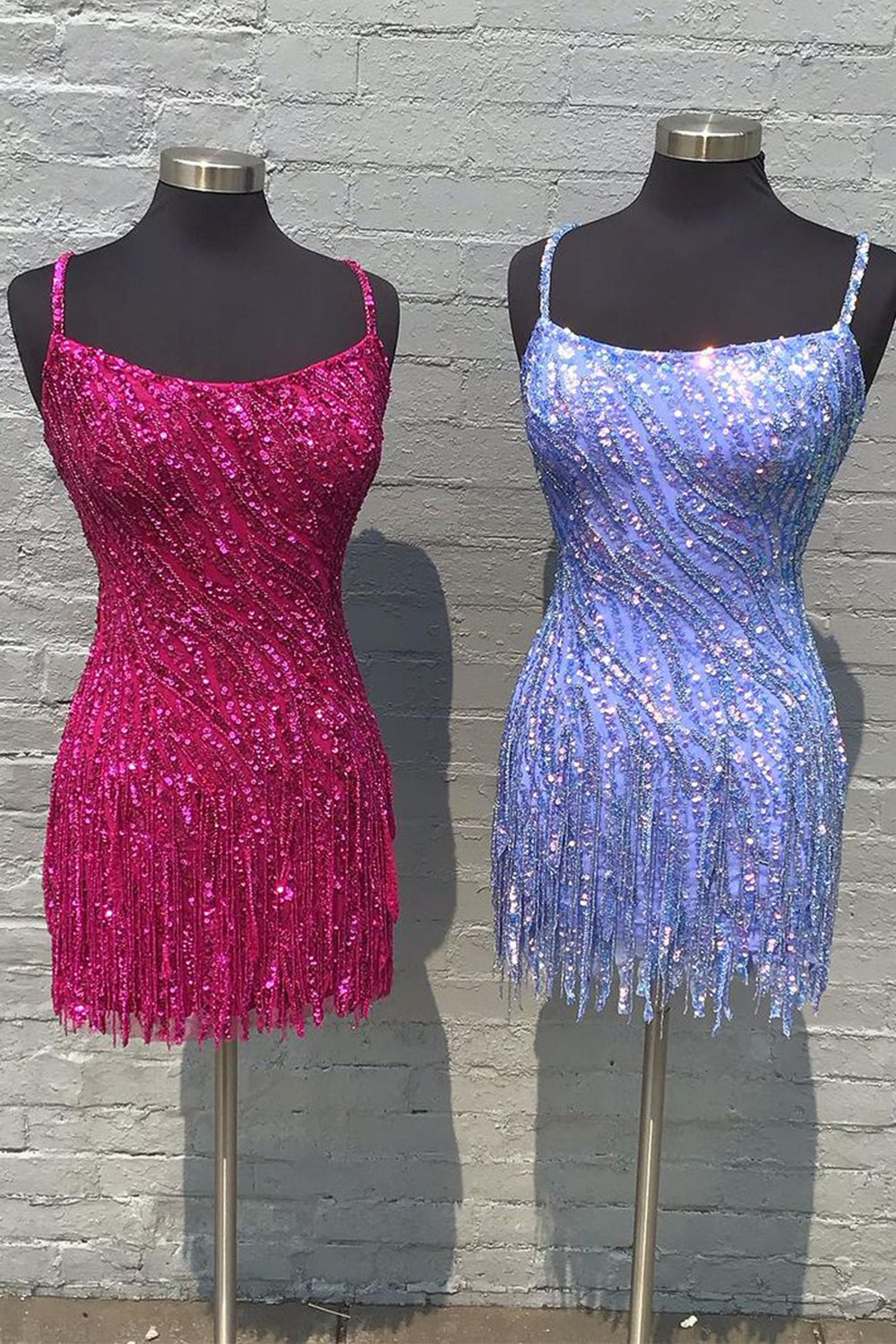 Luolandi Above Knee Spaghetti Straps Sequin Bodycon Homecoming Dresses with Tassel Short Cocktail Dresses Sparkly