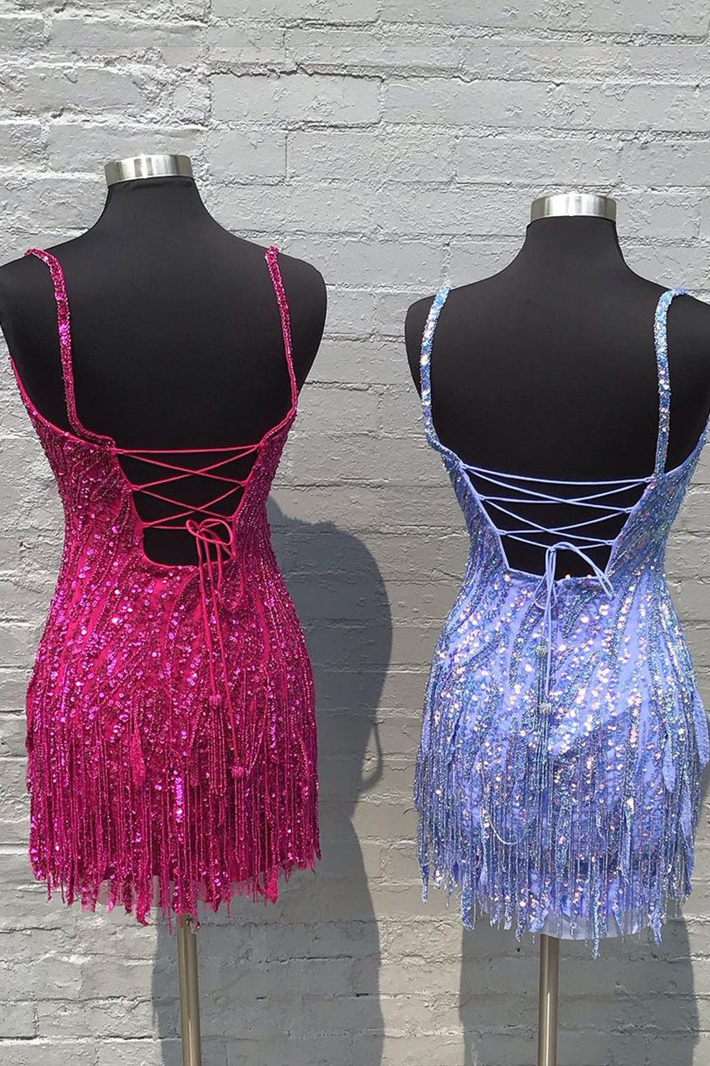 Luolandi Above Knee Spaghetti Straps Sequin Bodycon Homecoming Dresses with Tassel Short Cocktail Dresses Sparkly