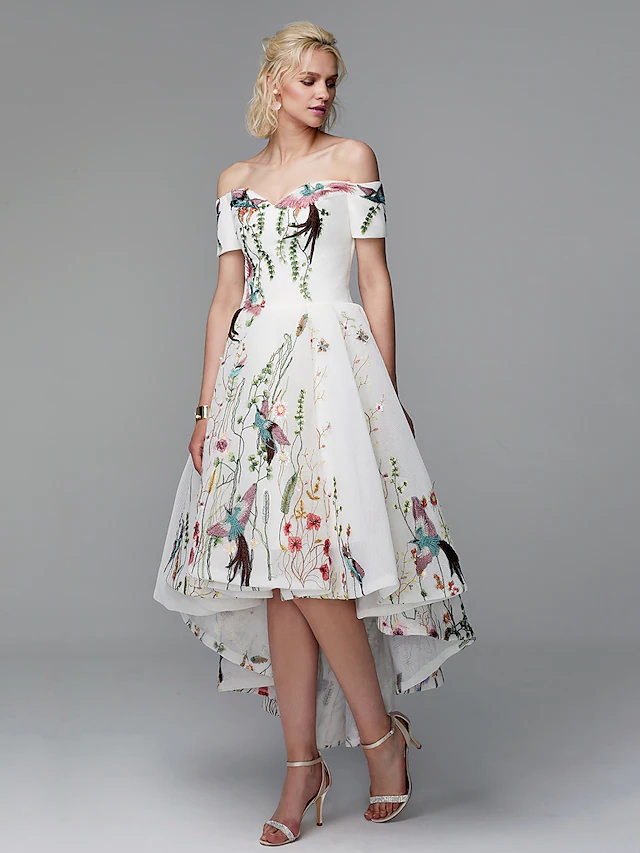 Luolandi Ball Gown Elegant Floral High Low Cocktail Party Prom Valentine's Day Dress Off Shoulder Short Sleeve Asymmetrical Polyester