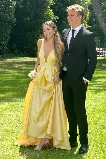 Luolandi Charming A-Line Low V-Neck Sleeveless Satin Formal Prom Dress Elegant Evening Party Dress