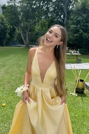Luolandi Charming A-Line Low V-Neck Sleeveless Satin Formal Prom Dress Elegant Evening Party Dress