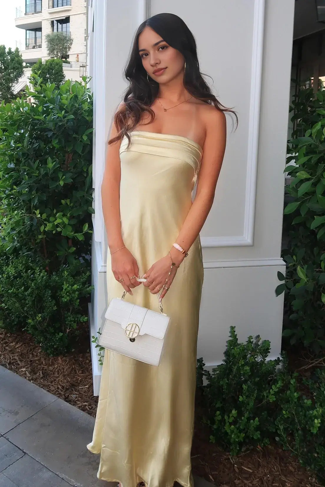 Luolandi Fashion Strapless Sleeveles Open Back Satin Graduation Dress Simple Long Party Prom Dress