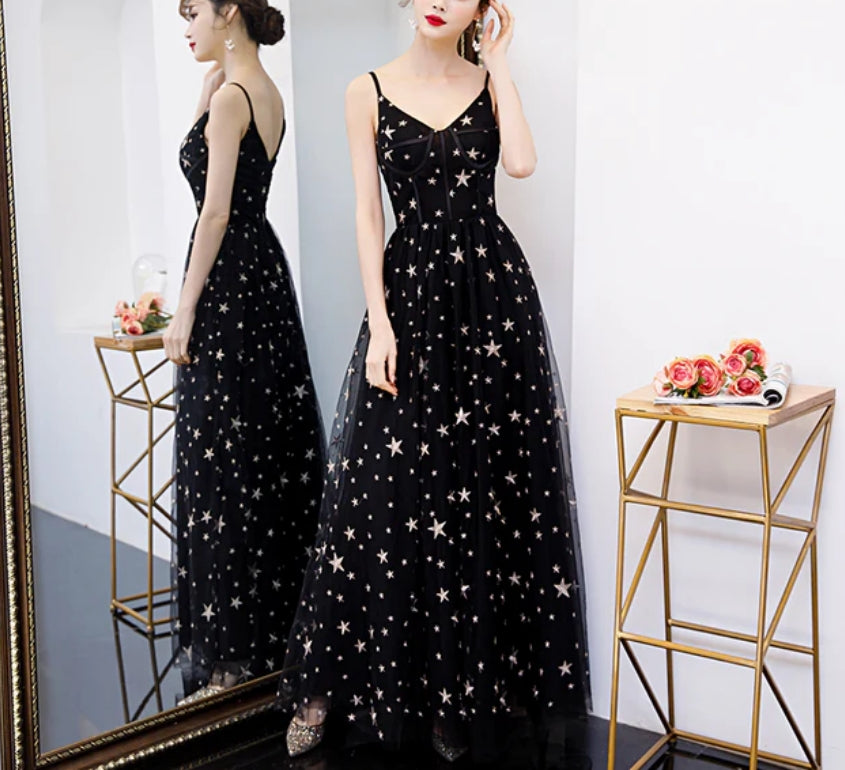 Luolandi Lovely Black V-neckline Straps Long Evening Gown Party Dress Formal Dress Prom Dress