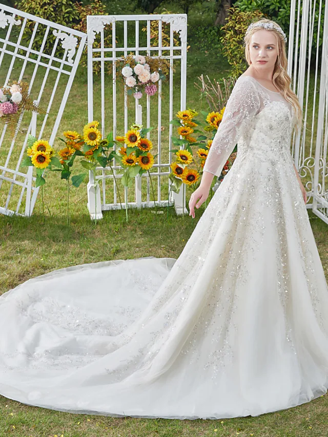 Luolandi Princess Ball Gown Wedding Dresses Jewel Neck Cathedral Train Lace Tulle 3/4 Length Sleeve Formal Vintage Luxurious Sparkle & Shine Plus Size with Crystals Beading