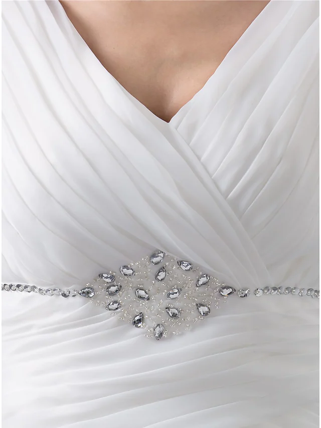 Luolandi Wedding Dresses V Neck Chapel Train Organza Regular Straps with Ruched Beading Cascading