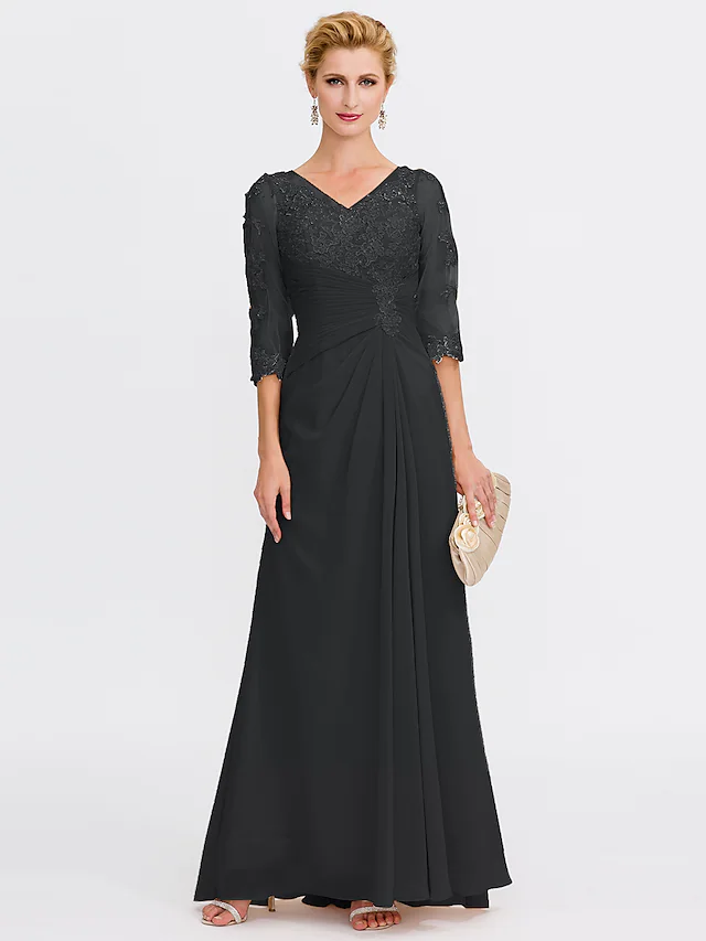 Luolandi Mother of the Bride Dress Elegant See Through V Neck Floor Length Chiffon Sheer Lace Half Sleeve