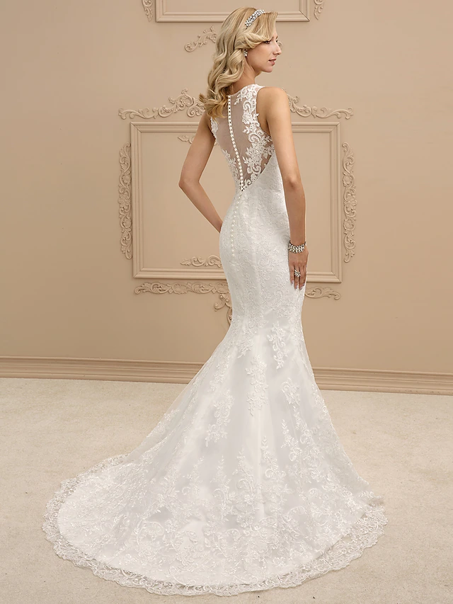 Luolandi Wedding Dresses Bateau Neck All Over Lace Regular Straps Sexy Illusion Detail Backless with Beading