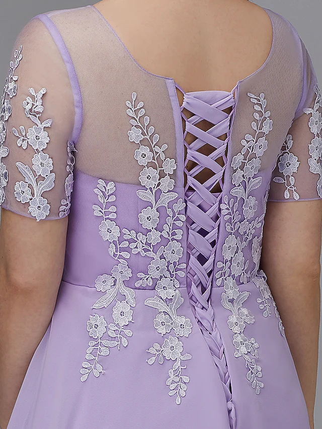 Luolandi A-Line Plus Size Homecoming Cocktail Party Dress Illusion Neck Short Sleeve Knee Length Chiffon Lace