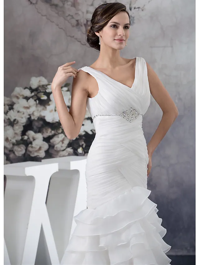 Luolandi Wedding Dresses V Neck Chapel Train Organza Regular Straps with Ruched Beading Cascading