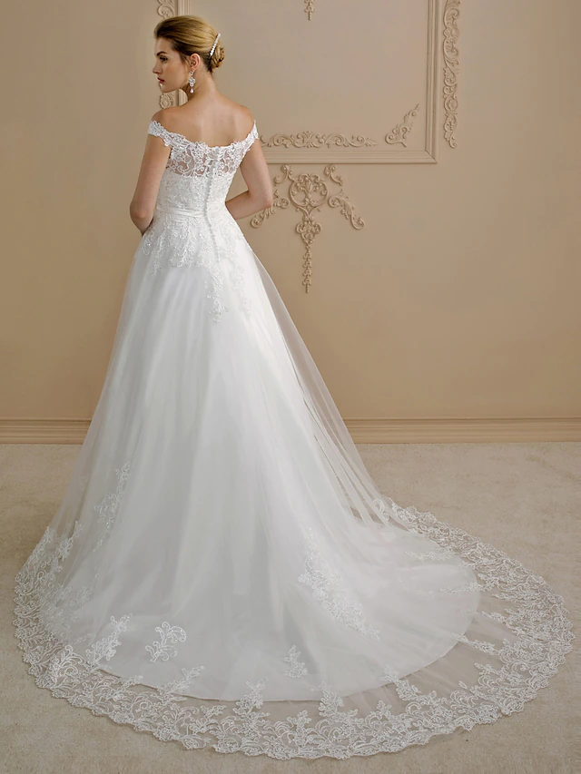 Luolandi Ball Gown Wedding Dresses Off Shoulder Court Train Lace Tulle Cap Sleeve Country Glamorous See-Through Plus Size Backless with Sashes Ribbons Bow(s)