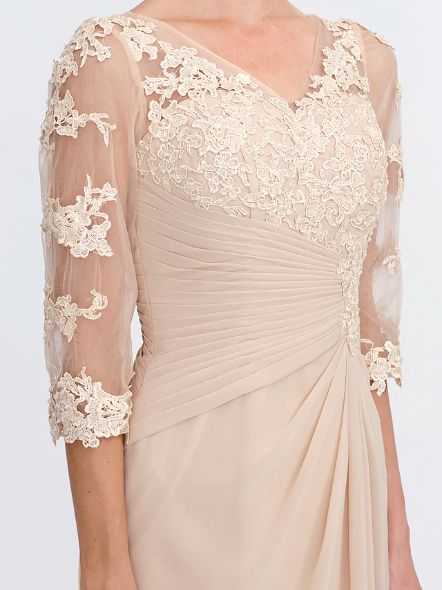 Luolandi Mother of the Bride Dress Elegant See Through V Neck Floor Length Chiffon Sheer Lace Half Sleeve