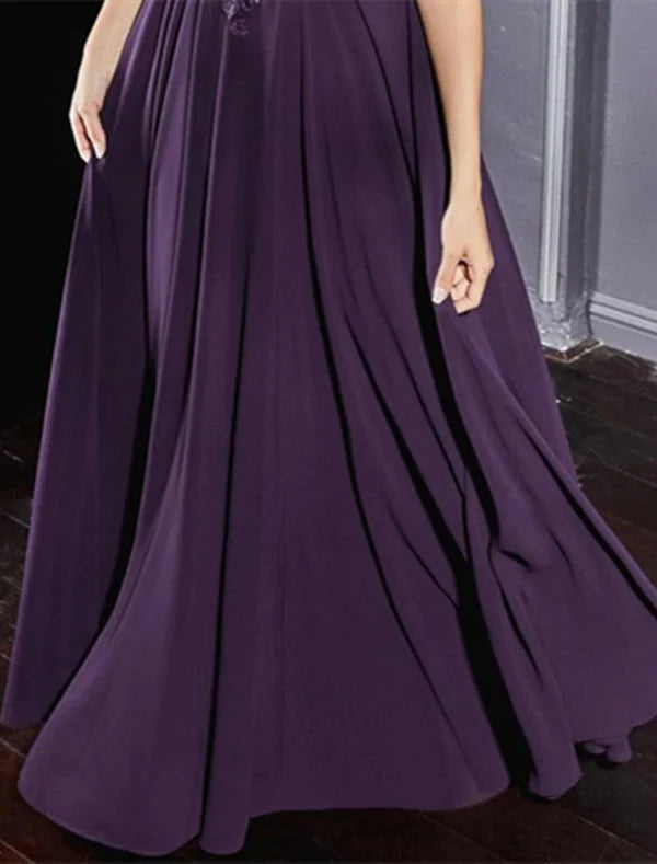 Luolandi A-Line Evening Gown Formal Dress Purple Floor Length Sleeveless Off Shoulder Chiffon with Pleats Appliques Mother of the Bride Dress