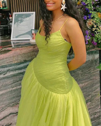 Luolandi Charming Spaghetti Straps A-Line Tulle Long Party Dress Fashion Evening Dress