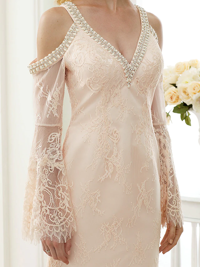 Luolandi Wedding Dresses Plunging Neck Sheer Lace Long Sleeve Wedding Dress in Color Open Back Floral Lace with Bow(s)