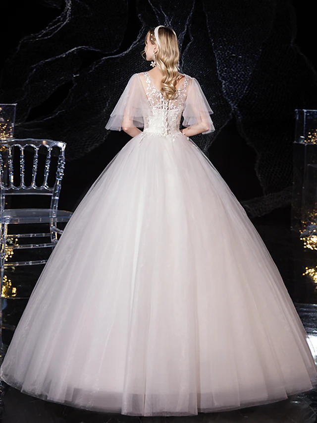 Luolandi Princess Ball Gown Wedding Dresses V Neck Floor Length Lace Tulle Half Sleeve Formal Romantic