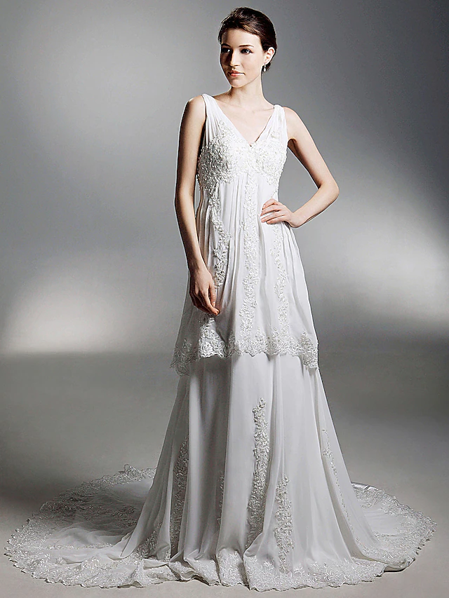 Luolandi Princess A-Line Wedding Dresses V Neck Chapel Train Chiffon Sleeveless Pure Color