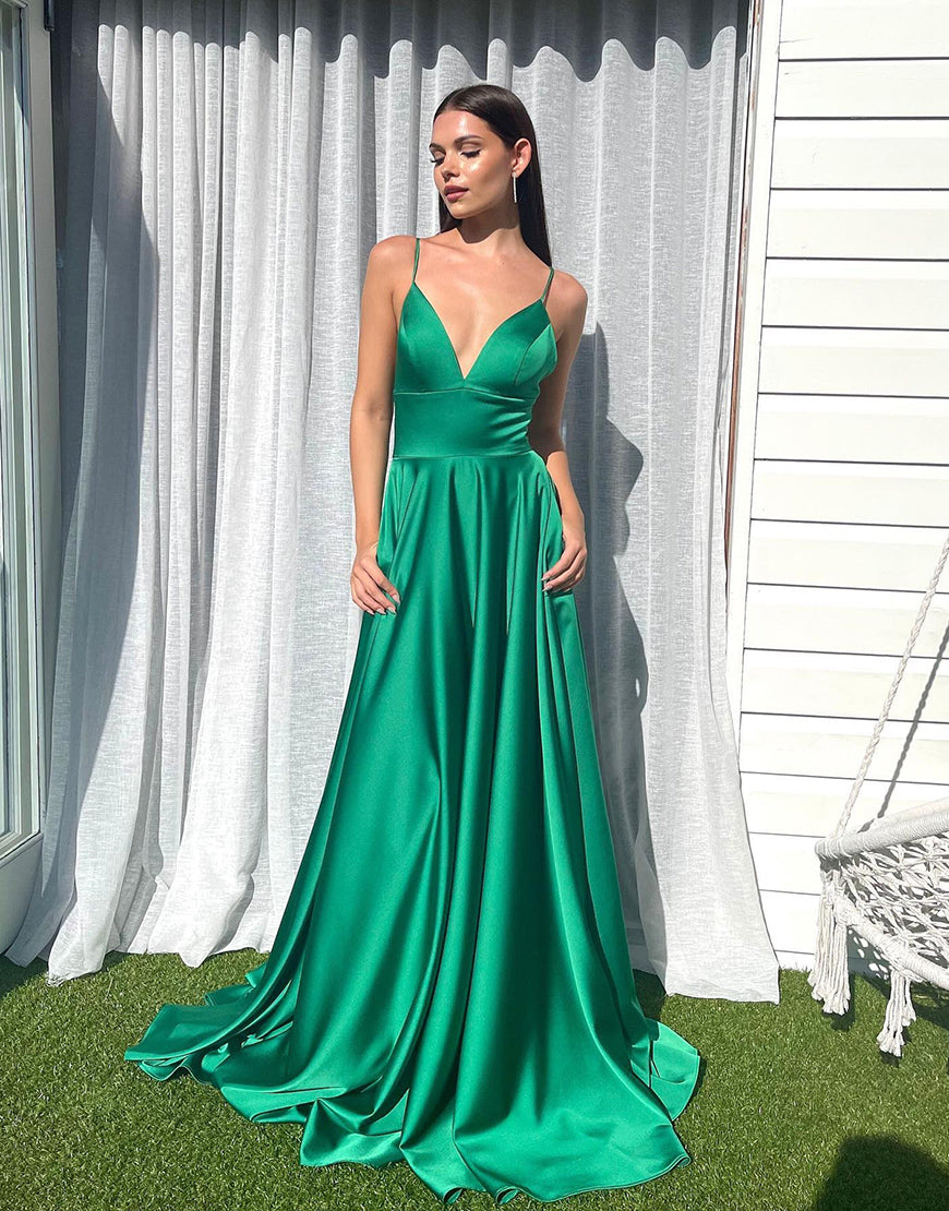Luolandi Green V-Neck A-Line Long Prom Dress Sexy Evening Dresses