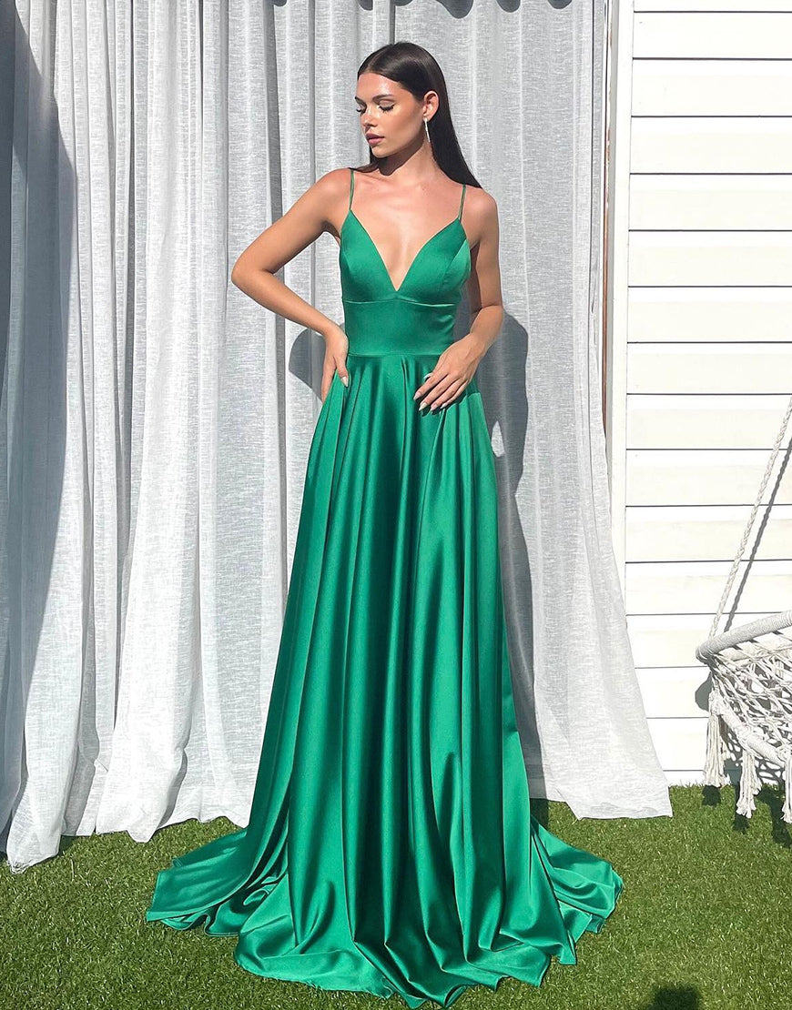 Luolandi Green V-Neck A-Line Long Prom Dress Sexy Evening Dresses