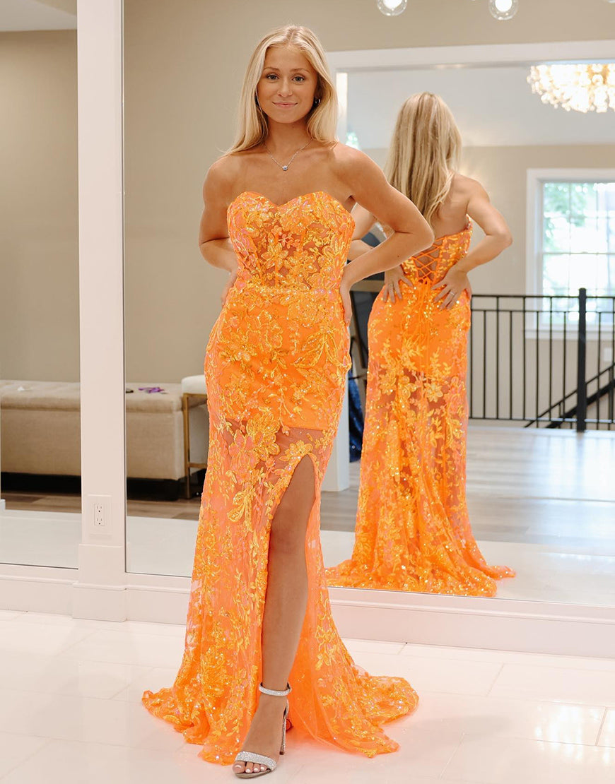 Luolandi Orange Mermaid Strapless Long Prom Dress With Split Off Shoulder Sexy